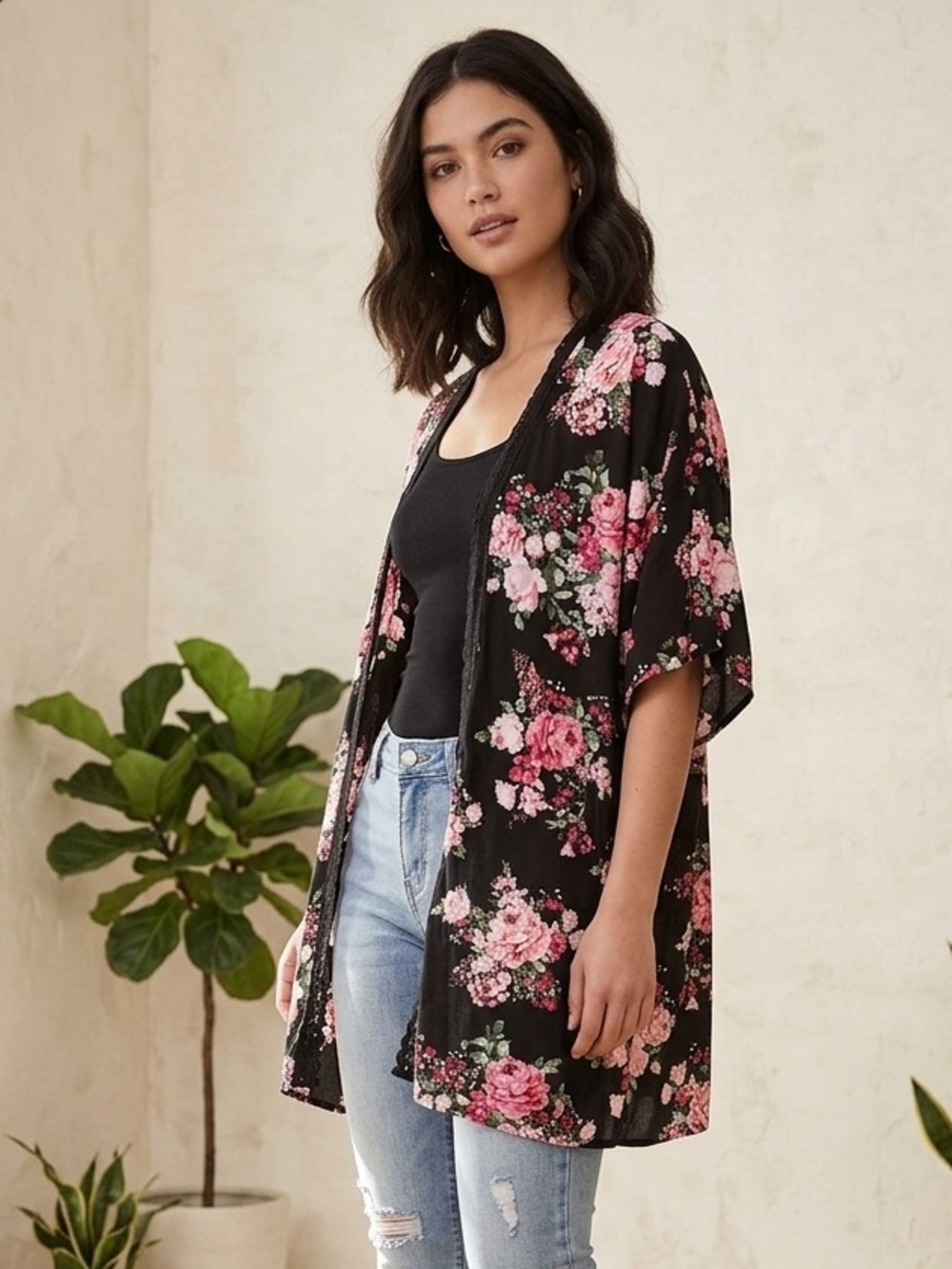 Black Floral Cardigan Kimono